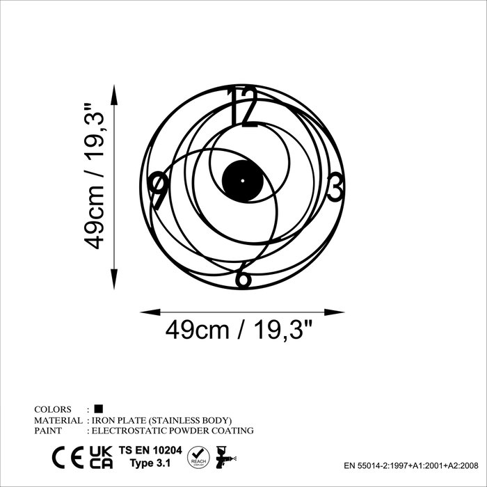 Wallity Reloj de Pared Decorativo de Metal Negro 49 x 49 cm
